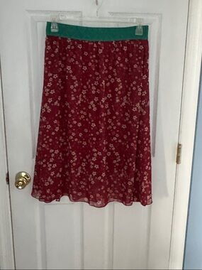 LuLaRoe Red Floral A-Line Skirt with Green Waistband